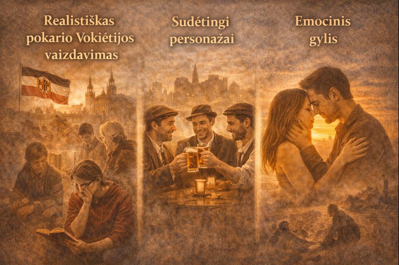 E. M. Remarko romano „Trys draugai“ stipriosios pusės – realistiškas pokario Vokietijos vaizdavimas, sudėtingi personažai ir emocinis gylis