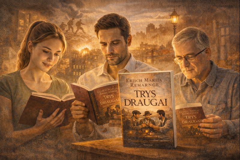 Skirtingo amžiaus skaitytojai skaito E. M. Remarko romaną „Trys draugai“ – brandžios temos, aktualios suaugusiems