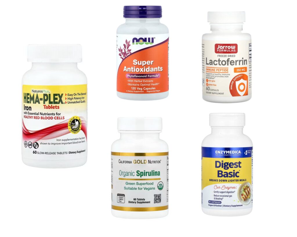 Feritino pakėlimo schema – papildų kompleksas: geležis su kofaktoriais, laktoferinas, antioksidantai, spirulina ir virškinimo fermentai