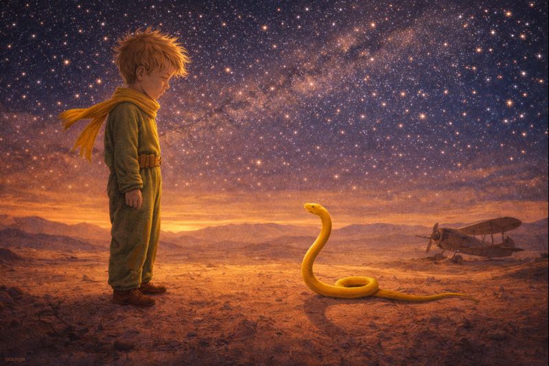 Geltona gyvatė ir Mažasis princas dykumoje – simbolinė „Mažojo princo“ pabaigos scena apie perėjimą ir prasmę