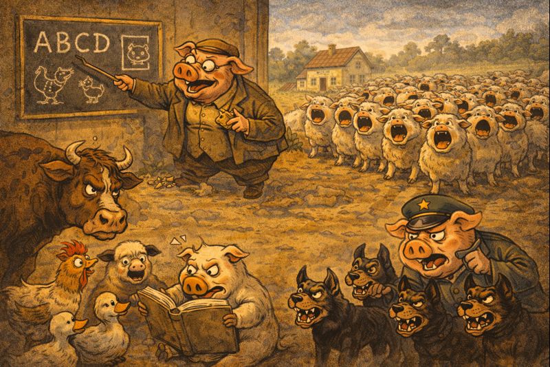 Gyvulių švietimas ir kontrolės mechanizmai – knygos „Gyvulių ūkis“ siužetas