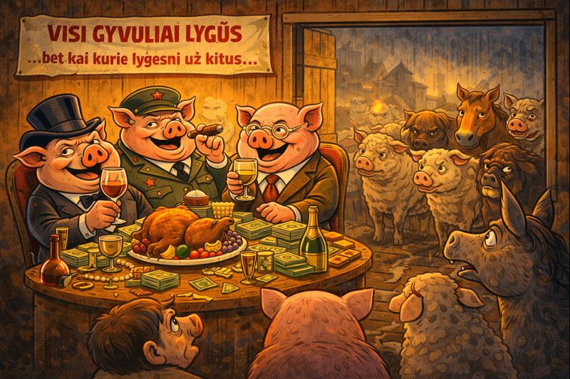 Gyvulių ūkis lygybės iliuzija – privilegijuotos kiaulės ir nelygybė tarp gyvulių