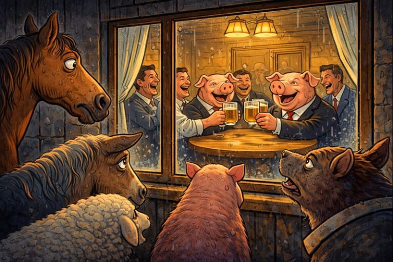 Gyvulių ūkis pabaiga karikatūra – gyvuliai žiūri pro langą, kai kiaulės ir žmonės nebeatskiriami