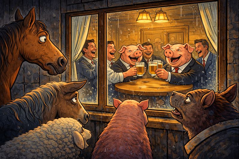 Gyvulių ūkis pabaiga karikatūra – gyvuliai žiūri pro langą, kai kiaulės ir žmonės nebeatskiriami