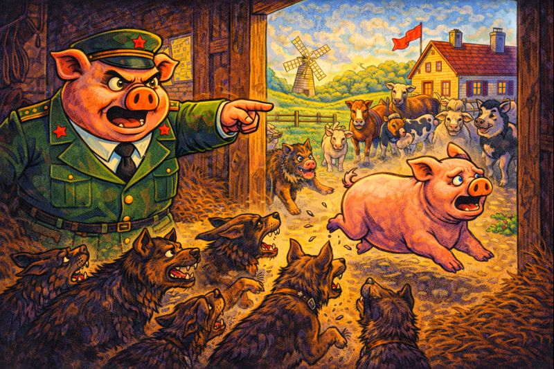 Gyvulių ūkis siužetas – Napoleonas su šunimis išveja Snieguolį iš fermos