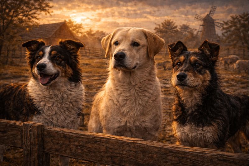 Knygos gyvulių ūkis veikėjai - šunys Džesė, Cilė, Pinčeris