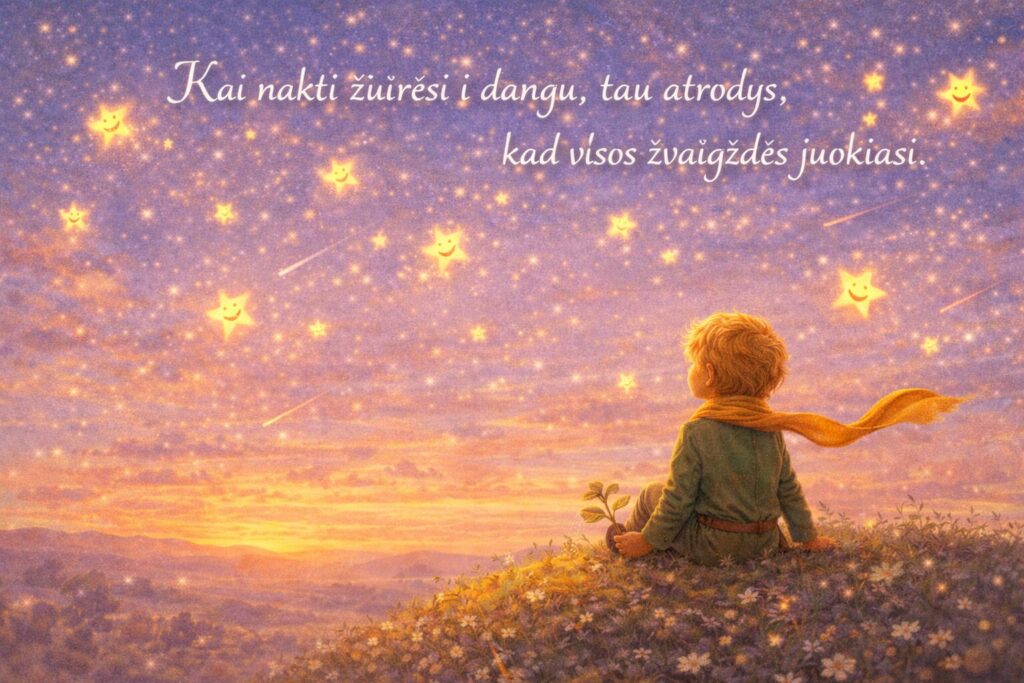 Mažasis princas citatos - Kai naktį žiūrėsi į dangų, tau atrodys, kad visos žvaigždės juokiasi