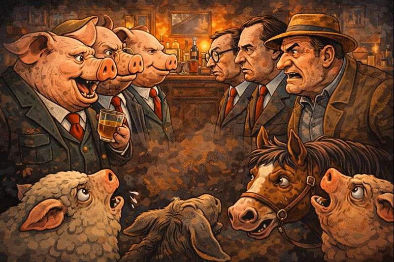 Knygos Gyvulių ūkis citatos apie galutinį moralinį lūžį kai kiaulės tampa žmonėmis