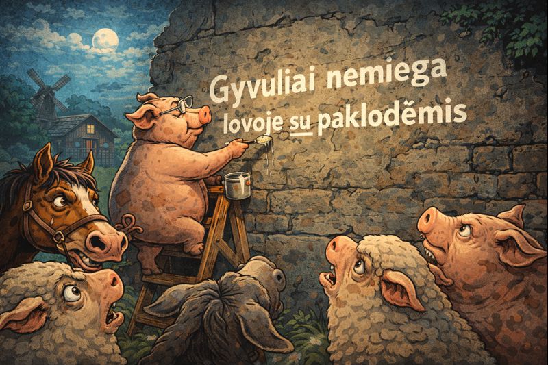 Knygos Gyvulių ūkis citatos apie priesakų keitimą ir tiesos iškraipymą