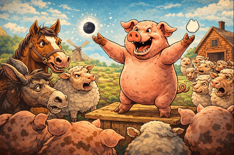 Knygos Gyvulių ūkis citatos apie propagandą, kalbos galią ir Spieglio vaidmenį