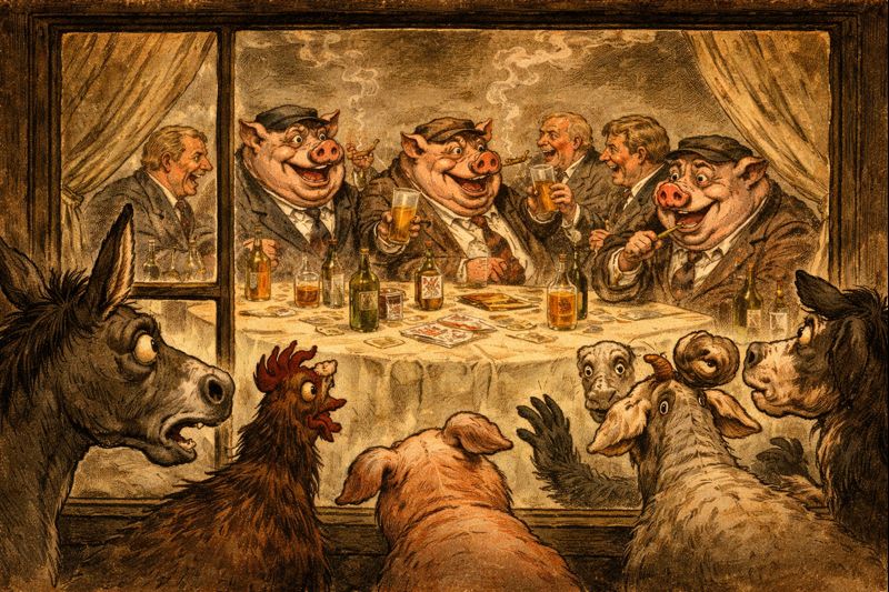 Knygos „Gyvulių ūkis“ siužetas - pabaiga – kai kiaulių nebeįmanoma atskirti nuo žmonių