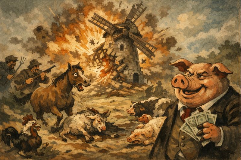 Knygos „Gyvulių ūkis“ siužetas – Fredriko apgaulė ir vėjo malūno sunaikinimas