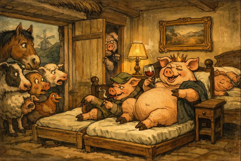 Knygos „Gyvulių ūkis“ siužetas – kiaulės persikelia į trobos namą ir pakeičiamas lovų priesakas