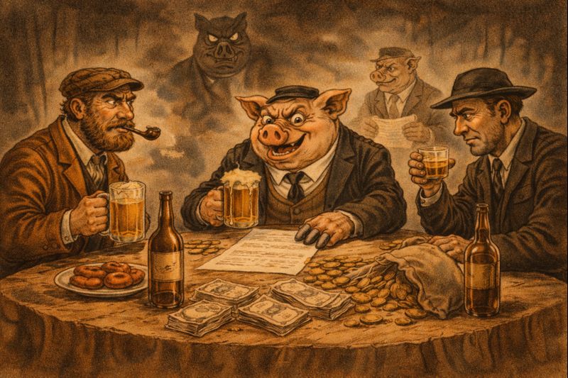 Knygos „Gyvulių ūkis“ siužetas – kiaulės prekiauja su žmonėmis