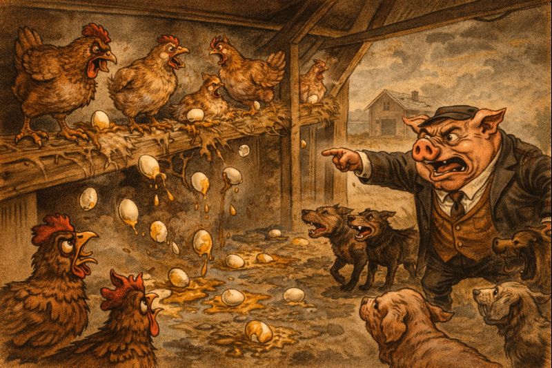 Knygos „Gyvulių ūkis“ siužetas – vištų maištas dėl kiaušinių