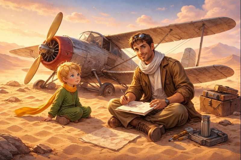 Lakūnas – knygos „Mažasis princas“ pasakotojas Sacharos dykumoje su Mažuoju princu