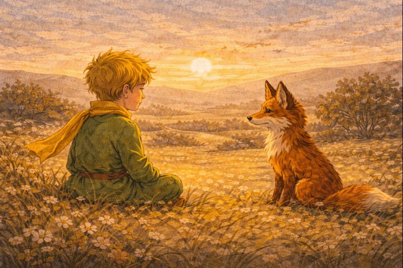 Lapė ir Mažasis princas ramiai sėdi pievoje – kantrybės, lėto ryšio ir išminties prasmė knygoje „Mažasis princas“