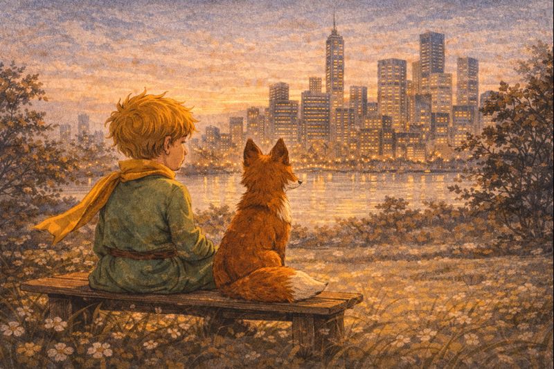 Mažasis princas ir lapė stebi miestą – lėto ryšio ir atsvaros skubiam pasauliui simbolis