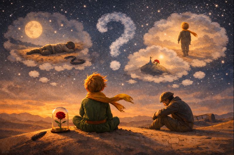 Mažasis princas pabaiga atvira pabaiga, žvaigždžių juokas ir lakūno ilgesys