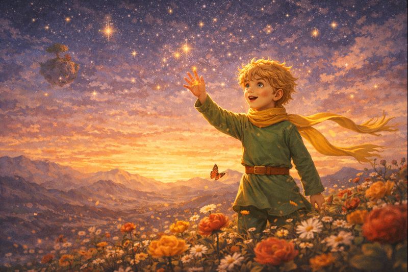 Mažasis princas stebi žvaigždes su vaikišku smalsumu ir nuostaba, simbolizuodamas atvirą žvilgsnį į pasaulį