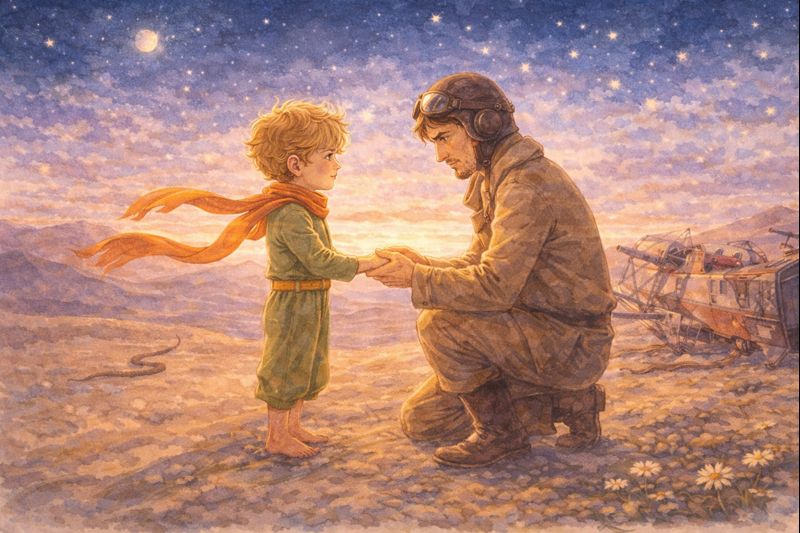 Mažojo princo atsisveikinimas su lakūnu dykumoje – sugrįžimas į savo planetą