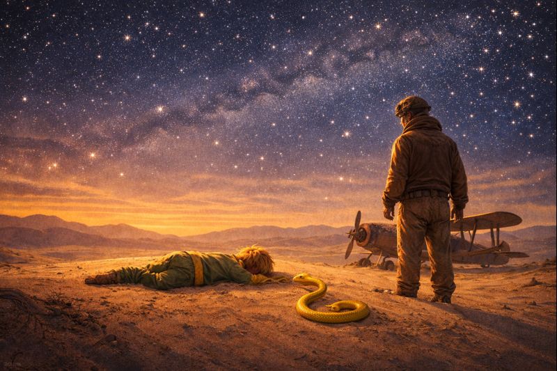 Mažojo princo pabaiga dykumoje – lakūnas, žvaigždėtas dangus ir geltona gyvatė, simbolizuojanti atvirą kūrinio pabaigą