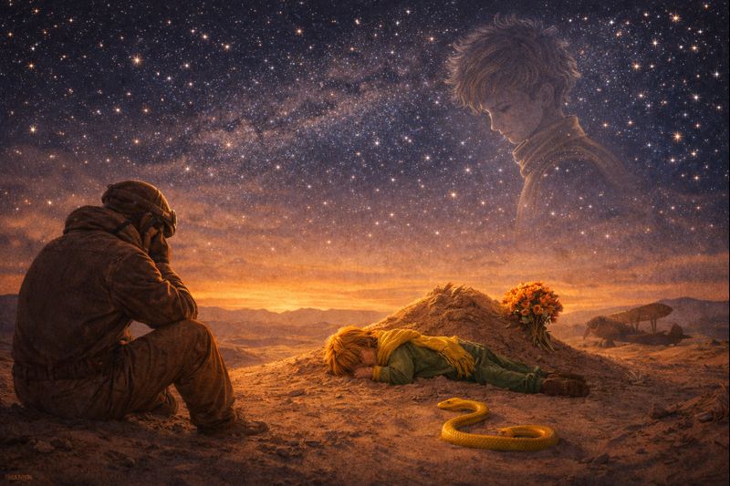 Mažojo princo pabaigos interpretacija – lakūnas dykumoje, žvaigždėtas dangus ir netekties simboliai
