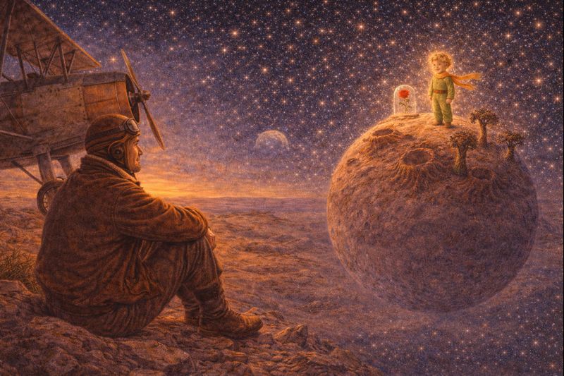 Mažojo princo pabaigos interpretacijos – lakūnas stebi Mažojo princo sugrįžimą į planetą su rože