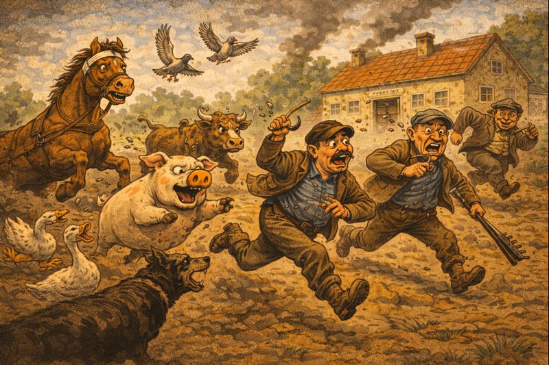 Mūšis su žmonėmis fermeris Džonsas ir darbininkai bėga iš ūkio – knygos „Gyvulių ūkis“ siužetas