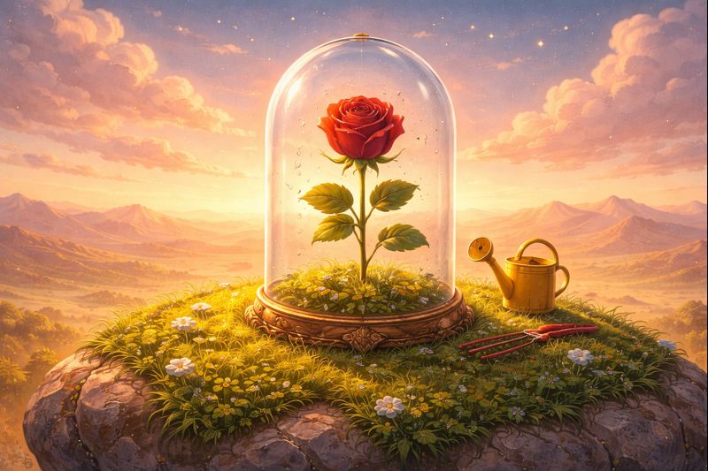 Rožė – knygos „Mažasis princas“ veikėja savo asteroide B-612 po stikliniu gaubtu