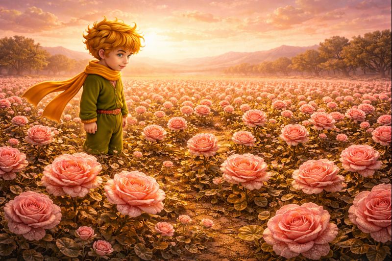 Rožių laukas – Mažasis princas tarp daugybės rožių Žemėje, simbolizuojantis praradimą ir suvokimą