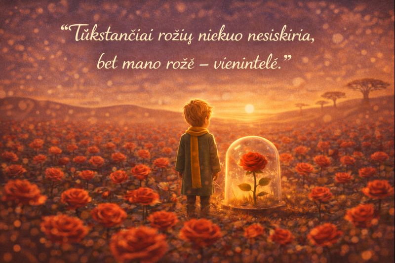Mažasis princas citatos - Tūkstančiai rožių niekuo nesiskiria, bet mano rožė – vienintelė
