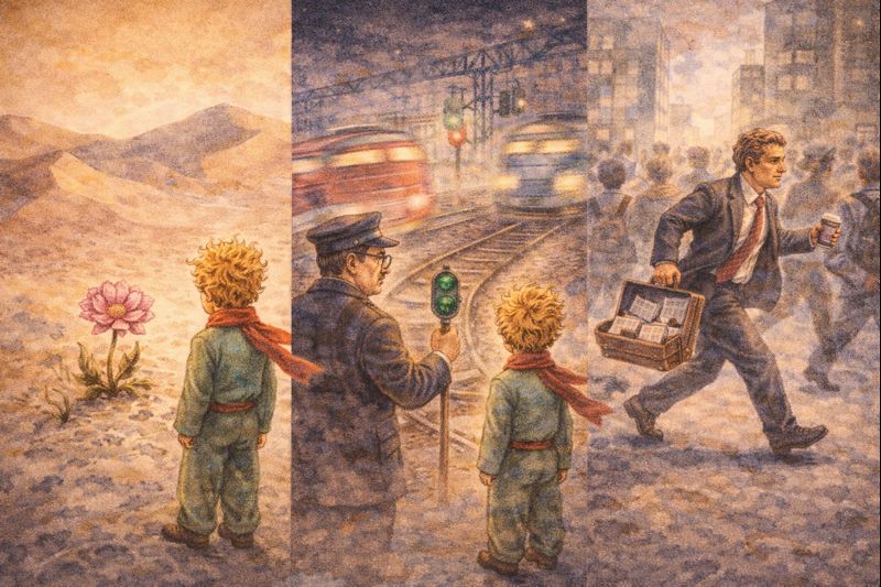 Žemės epizodų veikėjai knygoje Mažasis princas – dykumos gėlė, iešmininkas ir pirklys kaip šiuolaikinio gyvenimo simboliai