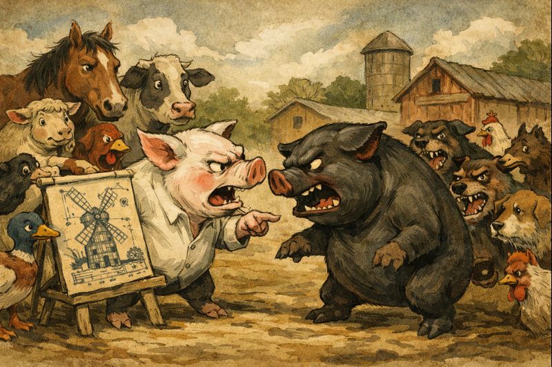 „Gyvulių ūkis“ siužetas – konfliktas tarp Snieguolio ir Napoleono dėl vėjo malūno