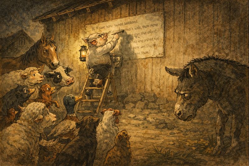 „Gyvulių ūkis“ siužetas – priesakų keitimas ir gyvulių paklusnumas