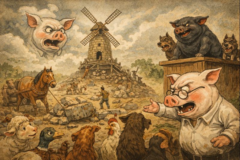 „Gyvulių ūkis“ siužetas – vėjo malūno statyba ir Snieguolio kaltinimas dėl nesėkmių