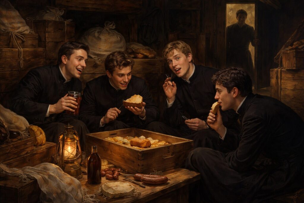 "Altorių šešėly" siužetas I dalis „Bandymų dienos“ – slapta klierikų puota „žiurkininke“ ir susidūrimas su seminarijos vyresnybe