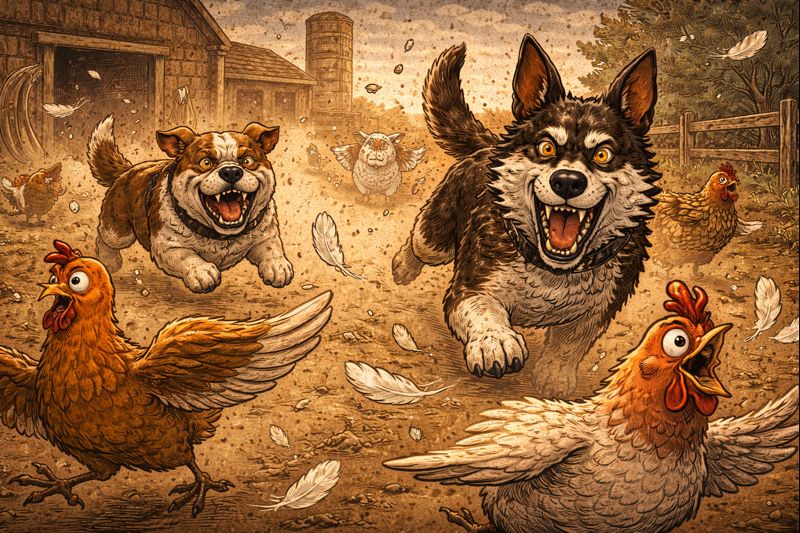 Gyvulių ūkis šunys vejasi vištas – priesakų iškraipymas