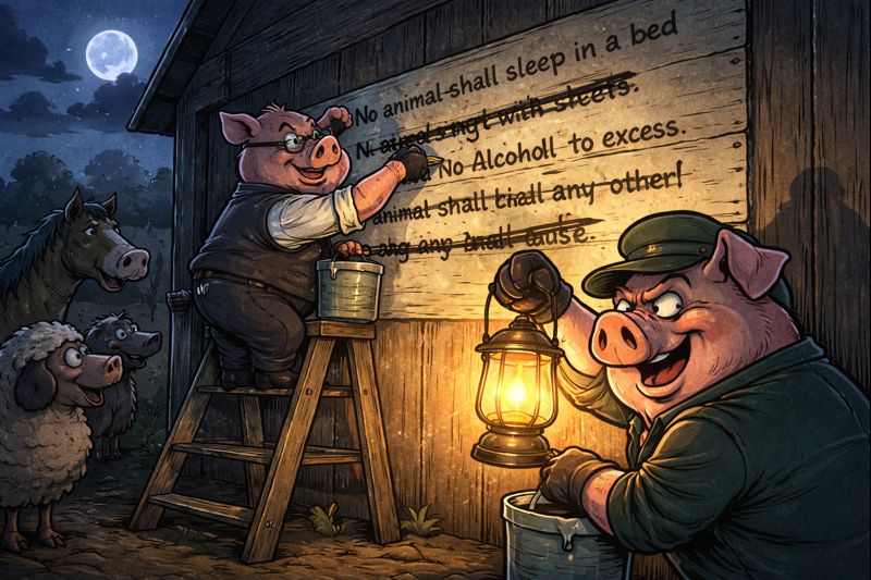 Gyvulių ūkis – kiaulės naktį perrašo gyvulizmo priesakus ant kluono sienos