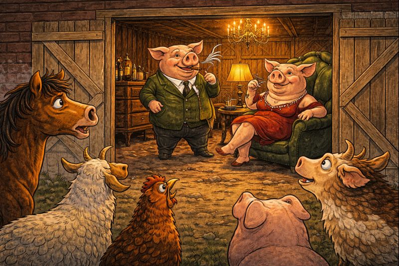 Gyvulių ūkis – kiaulės vilki drabužius kaip valdžios ir privilegijų simbolis gyvulizme