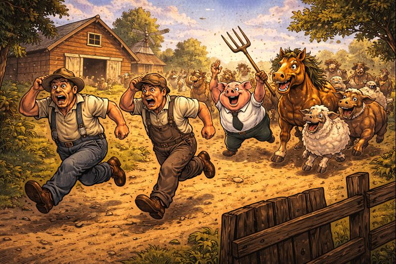 Gyvulizmo atsiradimas – gyvuliai išveja fermerį ir darbininkus iš fermos knygoje „Gyvulių ūkis“