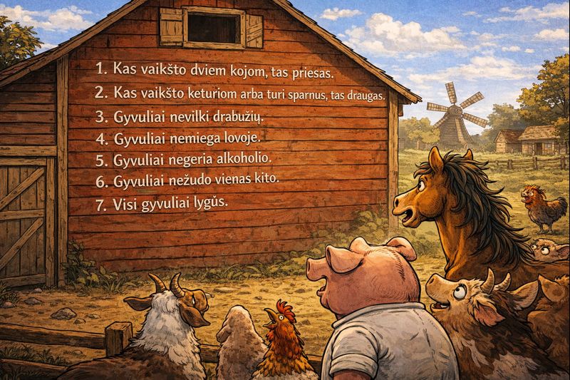 Gyvulizmo pradiniai priesakai knygoje „Gyvulių ūkis“ – septyni įstatymai ant kluono sienos