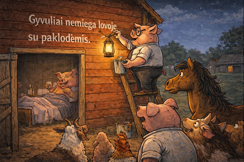 Gyvulizmo priesakų keitimas knygoje „Gyvulių ūkis“ – priesakas apie miegą lovoje perrašomas naktį