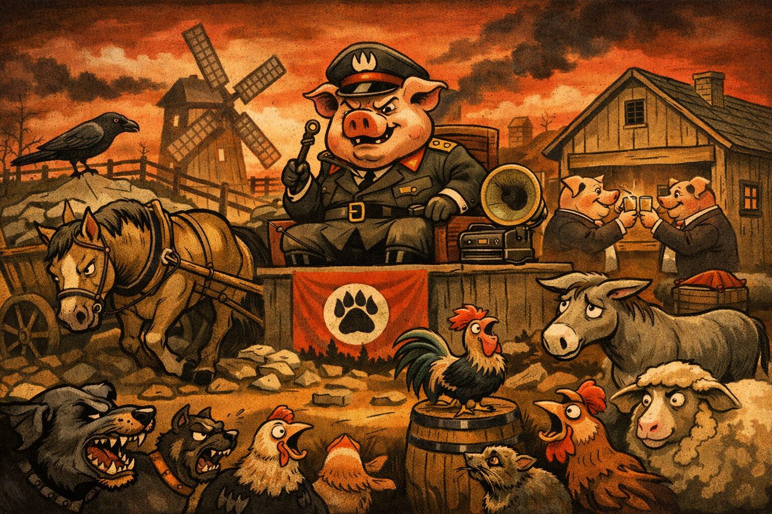 Knygos „Gyvulių ūkis“ žanras satyra, alegorija ir antiutopija