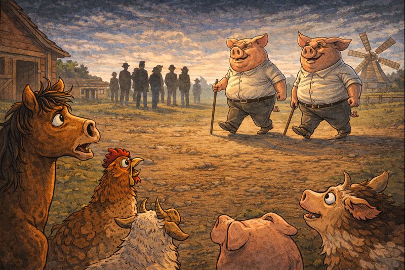 Priesako „Kas vaikšto dviem kojom, tas priešas“ paneigimas knygoje „Gyvulių ūkis“ – kiaulės vaikšto dviem kojomis