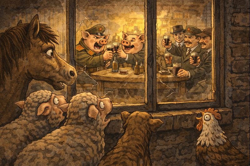 Satyrinė antiutopinė alegorija knygoje „Gyvulių ūkis“ – paskutinė scena