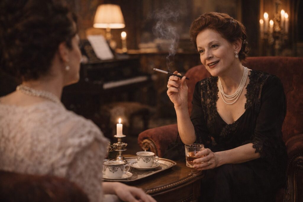 „Altorių šešėly“ ponia Sokolina Kalnynų dvaro salone su baroniene Rainakiene – saloniškos kultūros ir dvaro gyvenimo scena