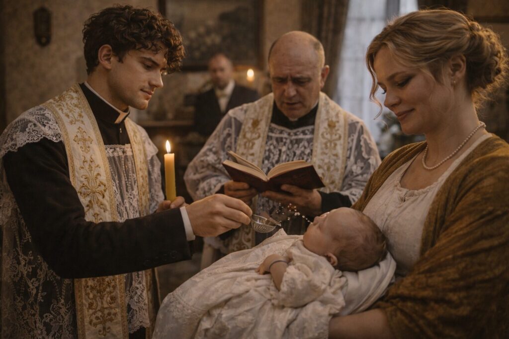 „Altorių šešėly“ siužetas II dalis „Eina gyvenimas“ – Brazgių vaiko krikštynos Naujapolyje ir Liudo Vasario dalyvavimas