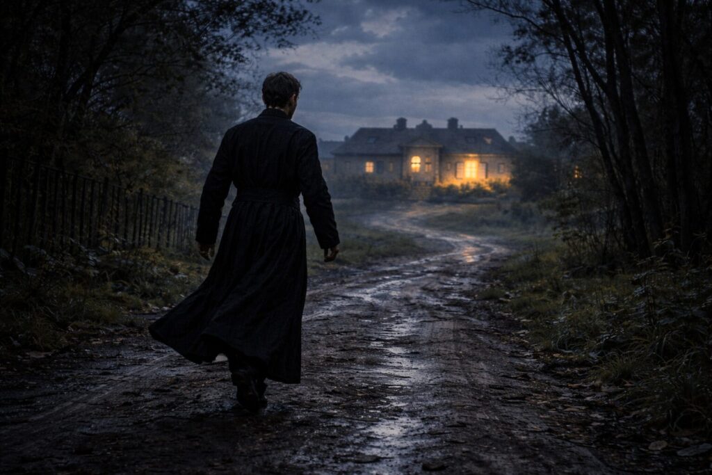 „Altorių šešėly“ siužetas II dalis „Eina gyvenimas“ – Liudas Vasaris naktį eina link Rainakių dvaro