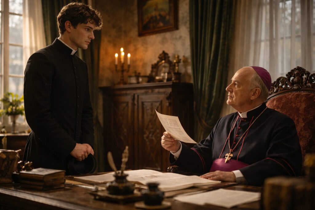 „Altorių šešėly“ siužetas II dalis „Eina gyvenimas“ – Liudas Vasaris pas pralotą Girvydą Naujapolyje dėl skundo